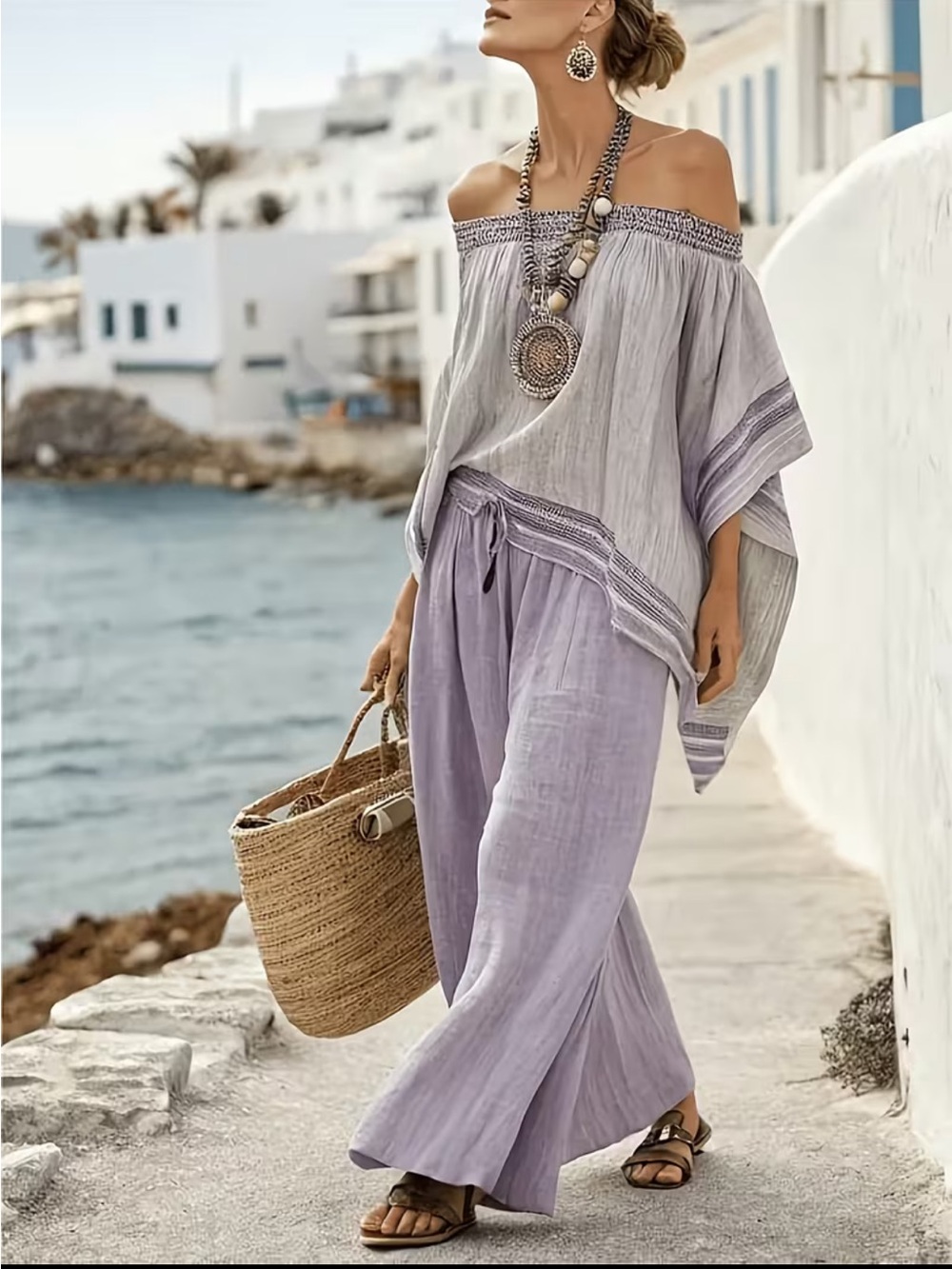 Bohemian Off-Shoulder Wide-Leg Pants Set in Light Lavender